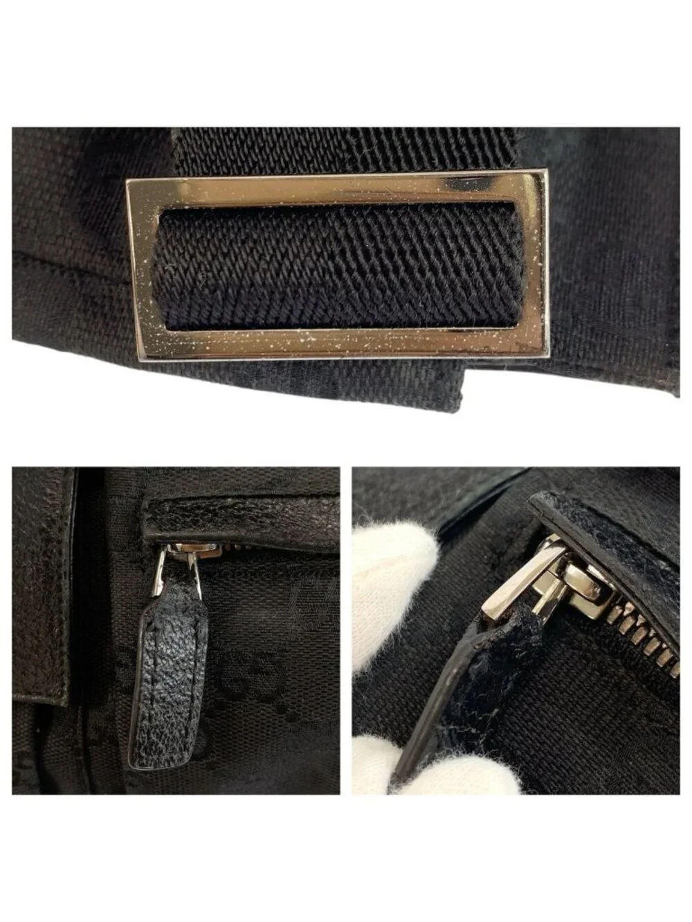 Gucci Black Silver GG Canvas Leather Belt Bag Waist Pouch